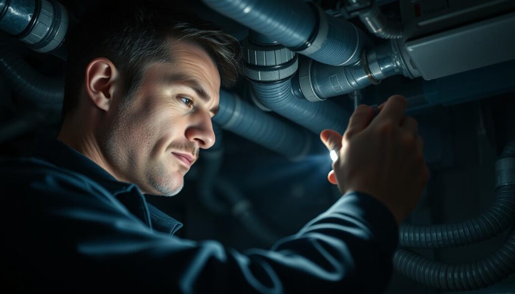 A skilled HVAC technician diligently inspects and maintains a complex network of air conditioning pipes, meticulously checking for any leaks or issues. The scene is set in a dimly lit industrial setting, with the technician's face illuminated by the soft glow of a flashlight. The pipes, coated in a layer of insulation, wind their way through the background, creating a sense of depth and technical complexity. The technician's movements are precise and focused, conveying their expertise and attention to detail. The atmosphere is one of quiet professionalism, as the technician goes about their essential work, ensuring the smooth operation of the air conditioning system.