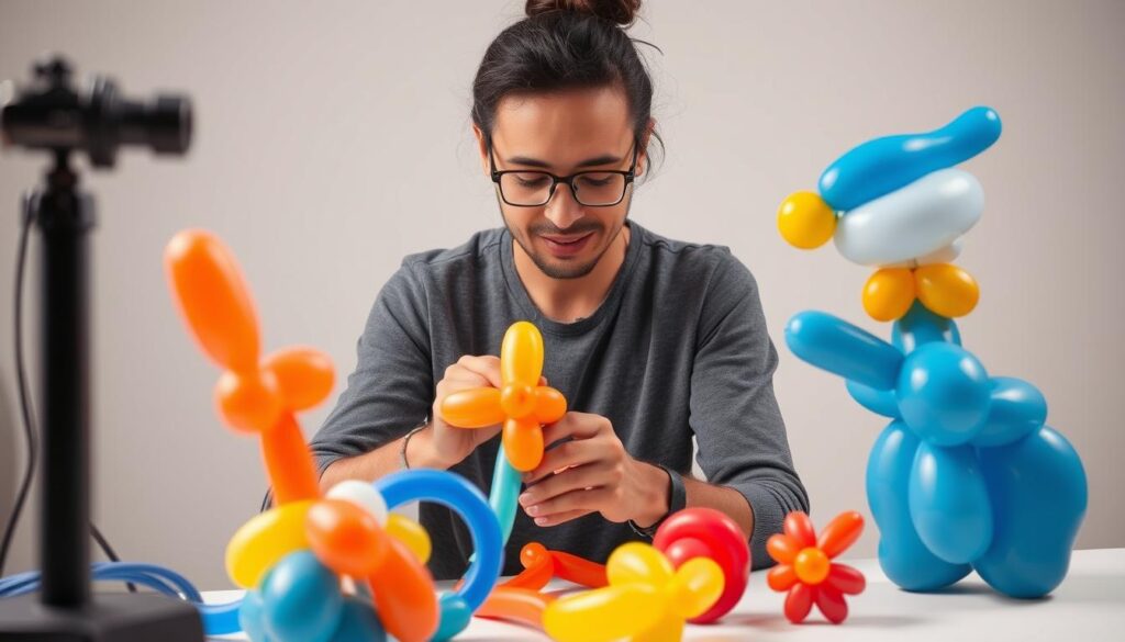 A skilled balloon artist meticulously crafting intricate balloon sculptures, showcasing their mastery of balloon manipulation techniques. The scene is set in a bright, well-lit studio, with the artist's focused expression and nimble fingers shaping the colorful balloons into whimsical, three-dimensional forms. The background features a plain, neutral backdrop, allowing the artistry of the balloon creations to take center stage. The overall mood conveys a sense of creativity, attention to detail, and the dedication required to elevate balloon artistry to a professional level.
