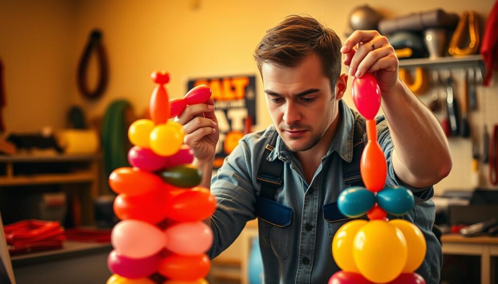 A skilled balloon artist performing intricate maneuvers, their face etched with concentration as they deftly manipulate the colorful rubber, crafting whimsical shapes. In the foreground, a precarious tower of delicate balloons, each one a testament to their mastery. In the middle ground, the artist navigates potential hazards, mindful of the risks inherent in their craft. The background depicts a well-equipped workspace, with safety gear and tools of the trade, underscoring the importance of risk management in this dynamic profession. Warm, natural lighting illuminates the scene, creating a sense of focus and professionalism. The overall composition conveys the artistry, precision, and diligence required to excel as a balloon artist.