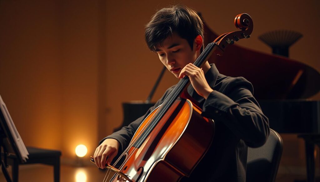 A skilled cellist sits in a dimly lit studio, their fingers gracefully gliding along the strings. The warm, golden lighting casts a soft glow, highlighting the musician's deep concentration and musical mastery. In the background, a grand piano stands, symbolizing the depth of their musical knowledge and the rich harmony they weave with their instrument. The cellist's posture is poised and confident, exuding a sense of passion and artistic expression. The scene captures the essence of a young, talented Japanese musician, their technical prowess and musical intuition on full display.