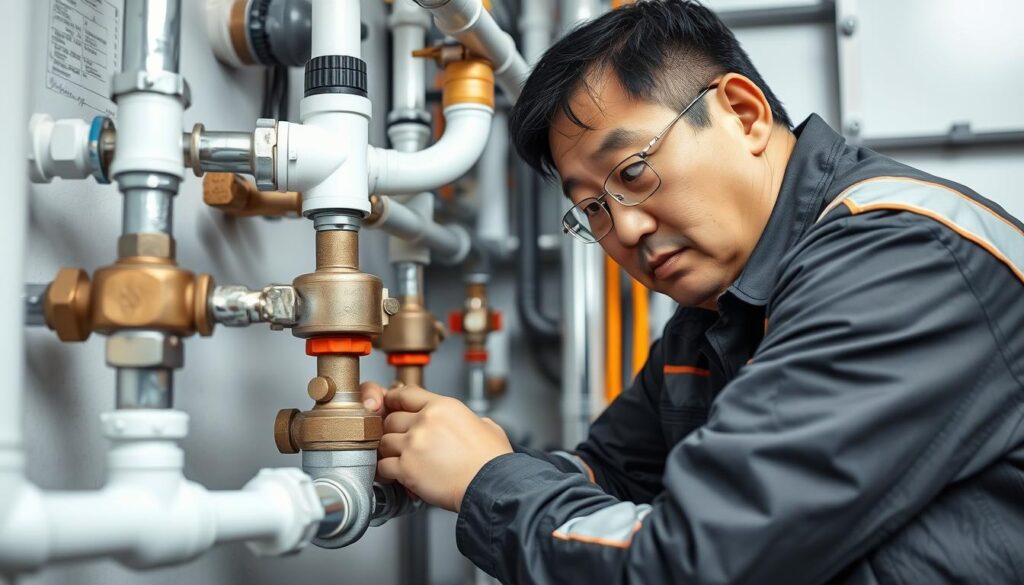 A skilled gas pipe fitter meticulously inspecting a complex network of pipes, valves, and fittings with a focused gaze. The well-lit scene captures the intricate details of the installation, showcasing the technician's expertise and the importance of rigorous safety protocols. The middle-aged Japanese man, dressed in a protective uniform, crouches intently, his hands expertly manipulating the delicate components. Surrounding him, the pristine work environment conveys a sense of precision and professionalism, underscoring the specialized nature of this specialized trade.