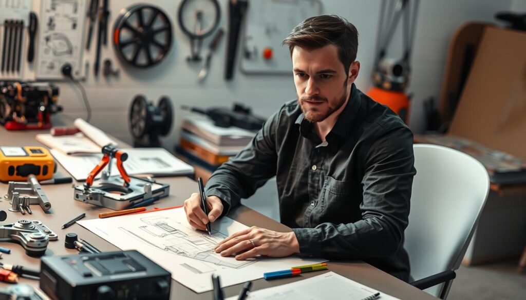 A skilled industrial designer sits at a drafting table, meticulously sketching designs with a technical pen. Surrounding them are various engineering tools, prototypes, and reference materials that showcase their specialized knowledge and proficiency. The designer's face is focused, their expression conveying deep concentration as they bring their innovative ideas to life. The lighting is soft and directional, illuminating the designer's work area and highlighting the intricate details of the design process. The overall scene exudes a sense of professionalism, creativity, and the passion that drives the industrial designer's craft.