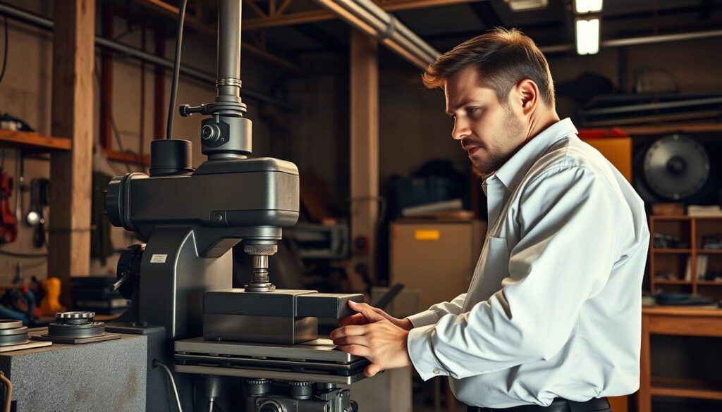 A skilled machinist stands in a well-lit industrial workshop, operating a high-precision milling machine. Their focused expression and steady hands demonstrate years of expertise. The machine's metallic gleam and the engineer's crisp, clean uniform convey a sense of professionalism and attention to detail. Sturdy workbenches, assorted tools, and intricate mechanical parts fill the background, hinting at the complex nature of the machinist's craft. Warm, directional lighting casts dramatic shadows, accentuating the engineer's technical prowess. The overall scene exudes a sense of competence, diligence, and the pride inherent in a skilled trade.