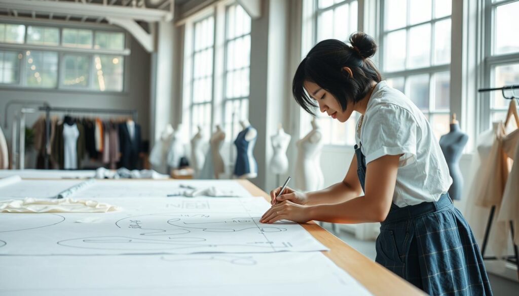 A skilled patterner working on a fashion design, meticulously drafting patterns on a large table. The workspace is well-lit with natural light from large windows, creating a bright and focused atmosphere. The patterner, a young Japanese-looking individual with dark hair, is bent over the table, intently studying the fabric and making precise measurements with various tools. The scene conveys a sense of technical expertise, attention to detail, and a passion for the craft of fashion design.