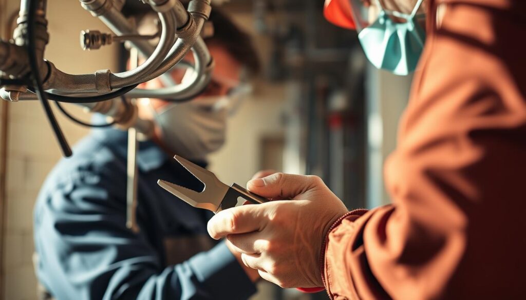 A skilled plumber intently working on a complex pipe system, wielding specialized tools with precision. The scene captures the foreground focus on their hands and the pipe network, while the middle ground shows the plumber's profile, their face obscured by a protective mask. The background blurs out, emphasizing the technician's concentration and the technical nature of the task. Warm, natural lighting casts shadows that accentuate the textures of the materials. The overall mood is one of skilled professionalism as the plumber diligently maintains and repairs the essential infrastructure.
