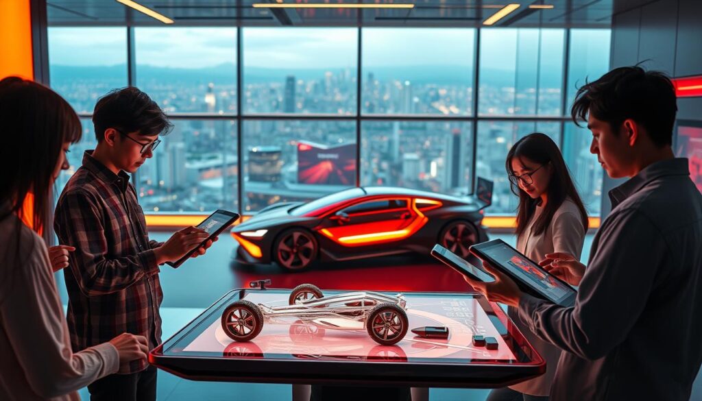 A sleek and futuristic car design studio, bathed in warm, ambient lighting. In the foreground, a group of young, Japanese-looking designers intently focused on their digital design tablets, skillfully manipulating 3D models of a cutting-edge vehicle. The middle ground features a high-tech workstation, complete with advanced CAD software, holographic displays, and gesture-controlled interfaces. In the background, a panoramic window offers a view of a bustling cityscape, hinting at the dynamic, ever-evolving nature of the automotive industry. The scene conveys a sense of innovation, collaboration, and the seamless integration of the latest design technologies.