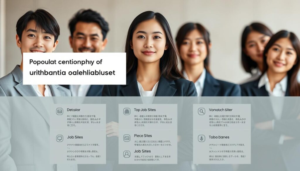 A sleek and minimalist infographic layout showcasing the latest ranking of popular Japanese job search websites. In the foreground, a group of young, professionally-dressed Japanese models pose confidently, their expressions conveying a sense of career-driven determination. The middle ground features a clean grid layout highlighting the top job sites, each with a crisp icon and concise description. The background has a soft, blurred gradient in muted tones, creating a sense of professionalism and authority. The lighting is natural and even, illuminating the models and the infographic elements. The camera angle is slightly elevated, giving the impression of an informative, data-driven presentation. The overall mood is aspirational, modern, and tailored to the Japanese job seeker audience.