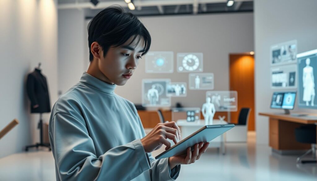 A sleek and modern digital fashion design studio, bathed in soft, directional lighting. In the foreground, a young Japanese-looking designer wearing a minimalist, monochrome outfit intently works on a state-of-the-art touchscreen tablet, their features subtly illuminated. In the middle ground, various high-tech design tools and software interfaces are visible on floating, holographic displays. The background showcases a clean, minimalist workspace with hints of warm wood tones, creating a sense of calm professionalism. The overall atmosphere conveys the power and precision of cutting-edge digital fashion design.