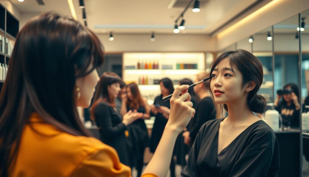 A sleek and modern hair salon interior, bathed in warm lighting. In the foreground, a young Japanese woman in a chic black outfit applies makeup skillfully to the face of another woman, her eyes focused and her movements graceful. In the middle ground, a group of stylists discuss techniques and ideas, gesturing animatedly. The background showcases an array of professional hair care products and tools, hinting at the breadth of knowledge and expertise required for the craft. The atmosphere is one of quiet concentration and creative energy, reflecting the dedicated pursuit of career advancement for these skilled hair and makeup artists.