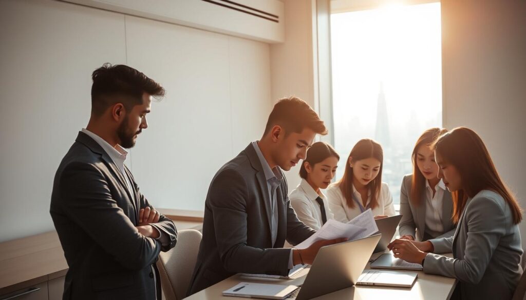 A sleek and modern office setting, bathed in soft, diffused lighting. In the foreground, a group of young, professional-looking individuals - stylishly dressed in business attire, their expressions thoughtful and engaged. They are gathered around a table, poring over documents and laptops, their body language indicating a collaborative, problem-solving atmosphere. The middle ground features a striking, minimalist interior design, with clean lines, neutral tones, and hints of Japanese-inspired aesthetics. In the background, a panoramic view of a bustling city skyline, hinting at the broader context and the cutting-edge, technology-driven nature of the scene. The overall mood is one of innovation, efficiency, and the rising influence of a new generation of technocratic leaders.