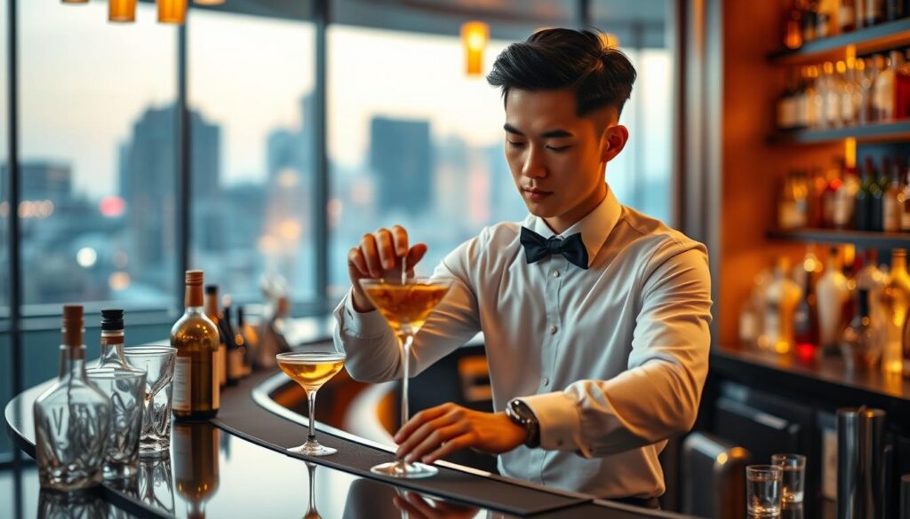 A sleek bar with warm lighting, showcasing a young, Japanese-looking bartender wearing a crisp white shirt and black bowtie, expertly mixing cocktails with precise movements. The bartender's focused expression and the array of elegant glassware and liquor bottles on the counter create an atmosphere of sophisticated craftsmanship. The background features a subtly blurred cityscape, hinting at the bustling urban setting where this bartender's skills are honed. Captured with a shallow depth of field, the image emphasizes the bartender's hands and the intricate process of cocktail preparation, conveying the dedication and artistry required to become a skilled bartender.