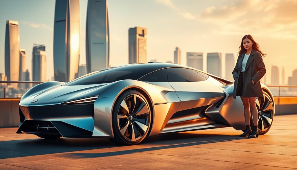A sleek, futuristic car design taking center stage, showcasing the latest advancements in automotive technology. The vehicle's smooth, aerodynamic lines and cutting-edge features hint at a new era of innovation. In the background, a gleaming, high-tech cityscape with towering skyscrapers and a hint of a futuristic skyline sets the scene. Young, stylish Japanese models, their faces capturing a sense of excitement and wonder, stand beside the car, their expressions conveying the boundless potential of this industry. Warm, golden lighting illuminates the scene, creating a sense of optimism and progress. The image exudes a forward-looking, visionary atmosphere, perfectly capturing the dynamic and innovative nature of the car design field.