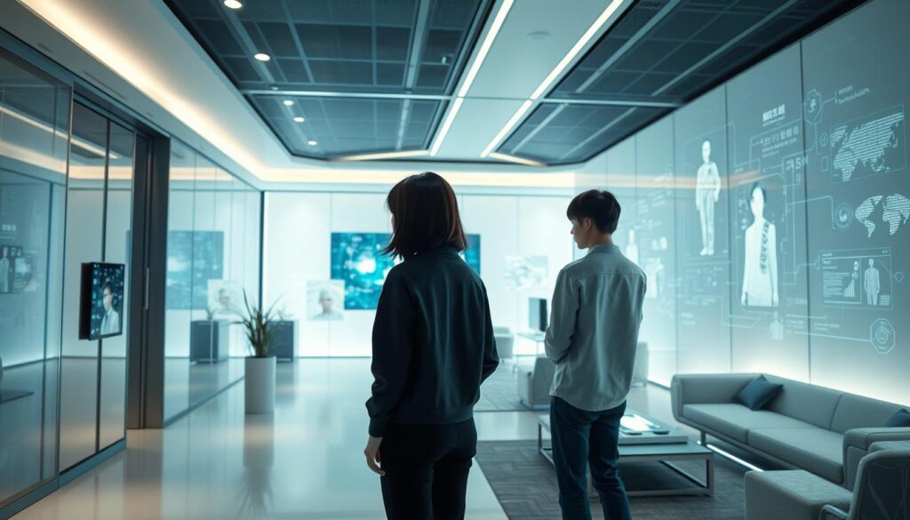 A sleek, futuristic interior space with cutting-edge spatial design technology. The room features a seamless blend of glass, steel, and minimalist furnishings, creating a serene and modern atmosphere. Three young Japanese individuals, with dark hair and realistic facial features, stand amidst the space, interacting with holographic displays and interactive surfaces. Soft, diffused lighting illuminates the scene, highlighting the clean lines and high-tech elements. The camera angle captures the room from a slightly elevated perspective, showcasing the innovative and immersive nature of the latest advancements in spatial design.