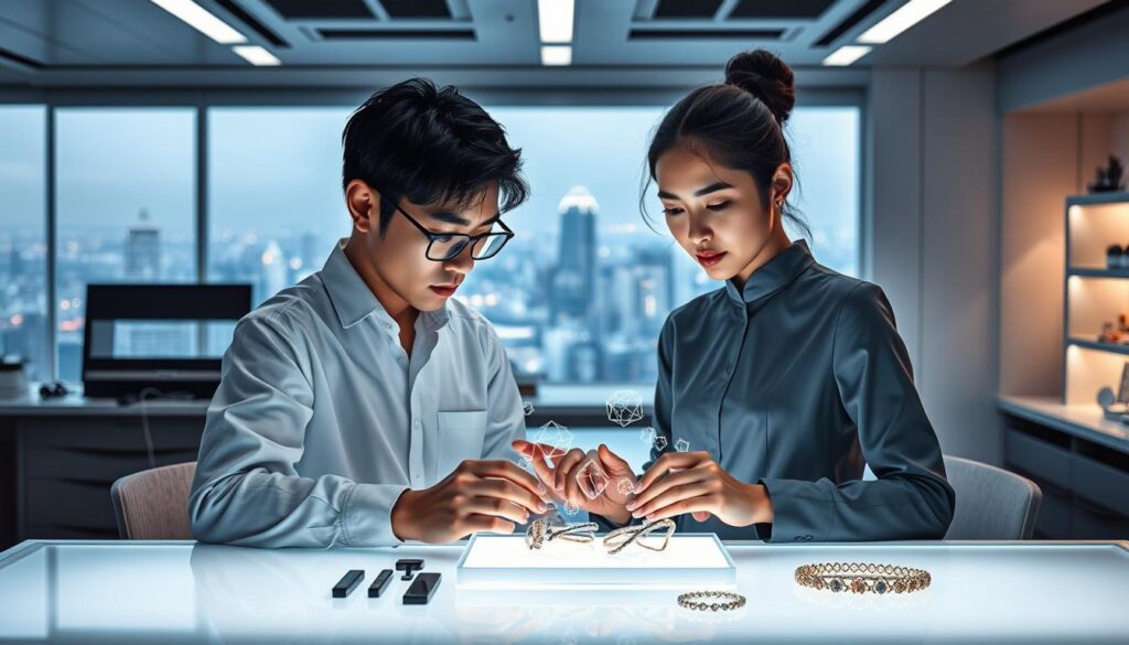 A sleek, futuristic jewelry design studio illuminated by soft, diffused lighting. The workspace features clean, minimalist lines and high-tech tools. Two young, Japanese-looking designers, a man and a woman, collaborate intently on a 3D holographic display, meticulously crafting intricate, geometrically-inspired jewelry pieces. The designs exude a sense of elegance and innovation, hinting at the boundless possibilities of the jewelry industry's future. The background showcases a panoramic cityscape, gleaming with the promise of technological advancements and evolving consumer preferences.