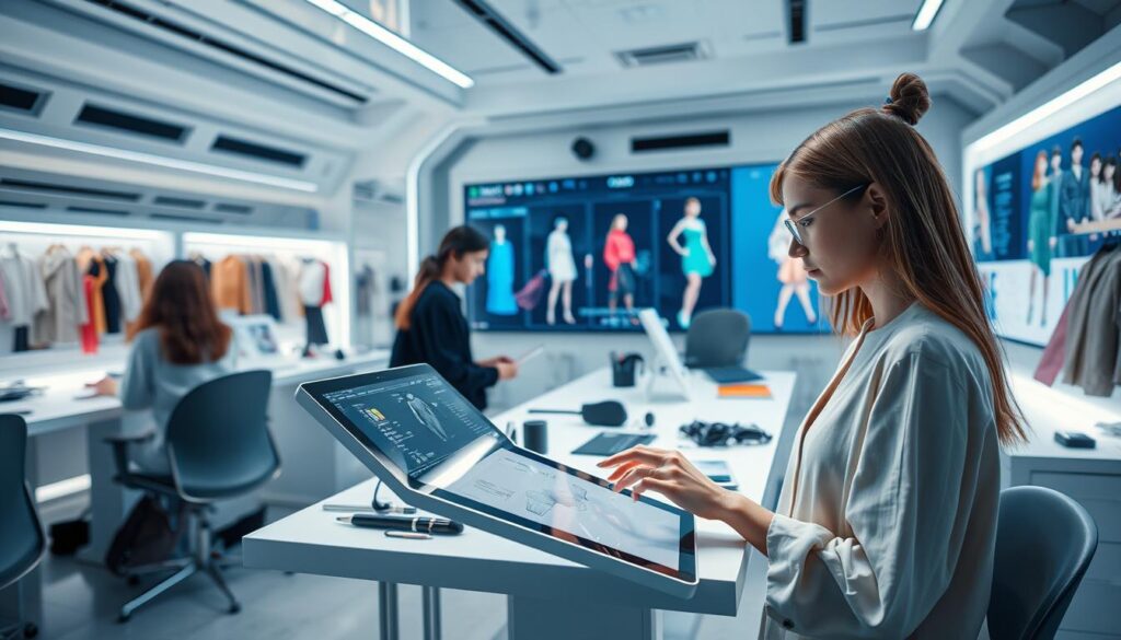 A sleek, futuristic workspace filled with young, digitally-savvy fashion designers. In the foreground, a model manipulates a tablet, their fingers deftly navigating a sophisticated CAD software interface. The middle ground showcases an array of cutting-edge design tools, from 3D modeling rigs to color palettes and textile samples. In the background, a large digital display showcases dynamic fashion illustrations, hinting at the creative potential of these advanced digital tools. Soft, indirect lighting illuminates the scene, creating a sense of focus and calm. The overall atmosphere conveys the intersection of traditional fashion design and the power of modern digital technologies.