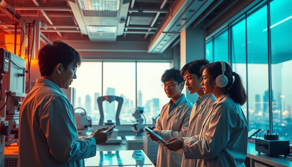 A sleek, high-tech laboratory setting with a team of young, dynamic Japanese researchers at work, utilizing cutting-edge equipment and instruments. The scene is bathed in warm, diffused lighting, creating a sense of innovation and progress. In the foreground, a group of researchers collaborate intently, examining data on holographic displays. In the middle ground, advanced robotic systems automate precision measurements, while in the background, large windows provide a glimpse of a futuristic cityscape, symbolizing the industry's technological advancements. An atmosphere of excitement and possibility permeates the scene, reflecting the promising future of the metrology field.