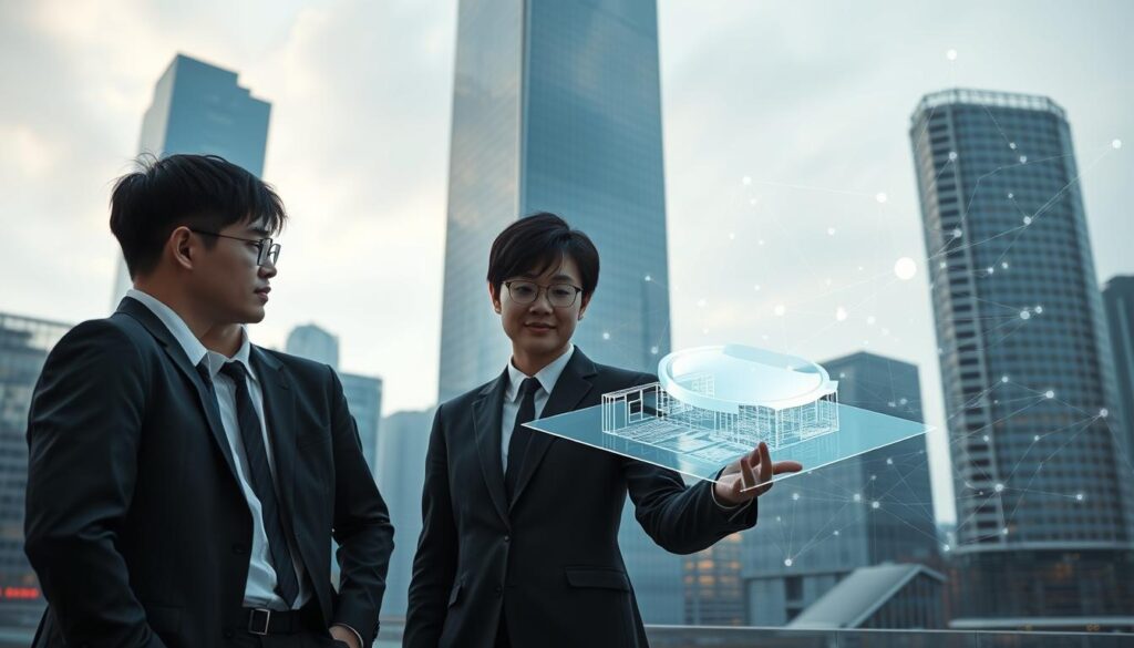 A sleek, minimalist cityscape with towering glass skyscrapers and futuristic architectural elements. In the foreground, three young Japanese-looking professionals, dressed in smart business attire, stand together, engaged in a discussion over a holographic projection of a 3D model. Soft, directional lighting illuminates the scene, creating a sense of depth and atmosphere. The background features a complex network of data streams and digital overlays, illustrating the advanced spatial information technologies at the heart of their work. The overall mood is one of innovation, collaboration, and the seamless integration of technology into the urban environment.