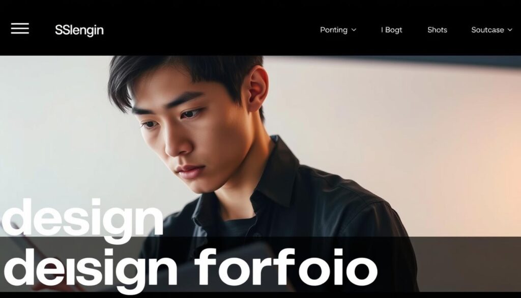 A sleek, minimalist design portfolio created by a young, Japanese-looking designer. The portfolio features a clean, modern layout with bold typography and carefully curated project showcases. The designer is shown contemplating their work, their gaze intense and focused as they review the pieces. Soft, diffused lighting illuminates the scene, creating a sense of introspection and creativity. The background is a blurred, neutral environment, allowing the portfolio to take center stage. The overall mood is one of professionalism, thoughtfulness, and a dedication to crafting an impactful visual presentation.