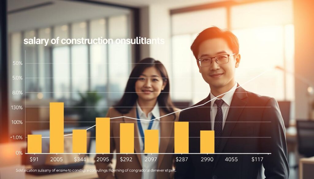 A sleek, minimalist graph displaying the average annual salaries of construction consultants. The foreground features a clean, data-driven infographic with elegant visualizations of salary data, presented against a backdrop of a tasteful office interior. Soft, natural lighting casts a warm glow, while the composition employs a balanced, symmetrical layout to convey a sense of professionalism and authority. The people depicted are young, Japanese-looking professionals, their expressions calm and focused, further emphasizing the subject's expertise and credibility. The overall mood is one of informed, data-driven insight into the construction consulting industry.