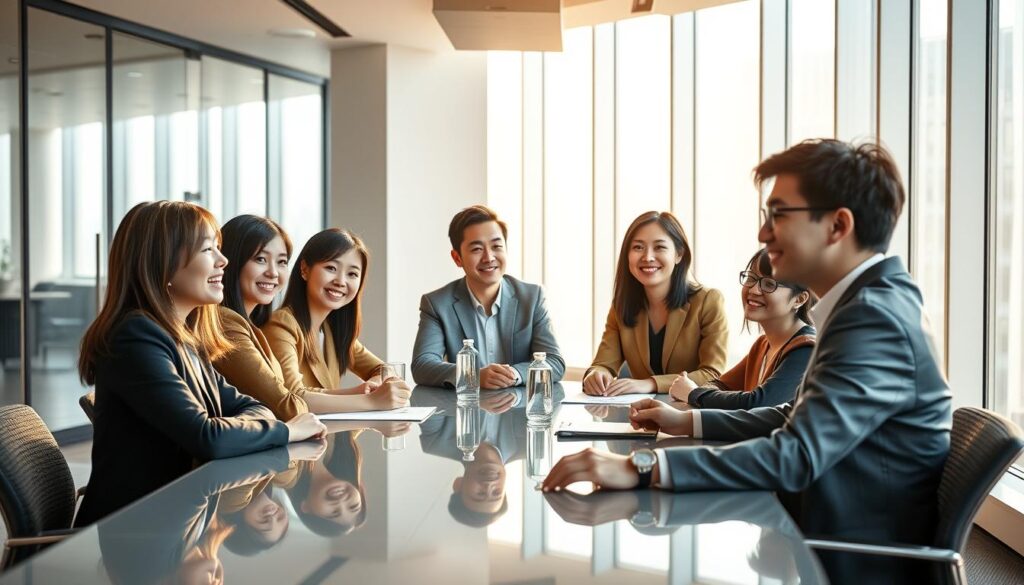A sleek, minimalist office space with abundant natural light filtering through large windows. A group of young, professional-looking Japanese individuals, their faces expressing determination and focus, are seated around a polished conference table, engaged in a lively discussion. The lighting is warm and inviting, creating a sense of energy and productivity. The scene captures the essence of career development and the cultivation of expertise within the bureaucratic realm, reflecting the nuances of the provided subject matter.
