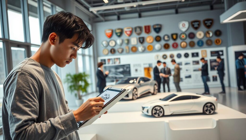 A sleek, modern car design studio with large windows and natural lighting. In the foreground, a young, talented Japanese car designer sketching concepts on a digital tablet, their brow furrowed in concentration. In the middle ground, a group of designers collaborating around a scale model of a luxury sedan, discussing color schemes and aerodynamic features. In the background, a wall-mounted display showcases various industry awards and accolades. The atmosphere is one of creativity, innovation, and a passion for automotive design.