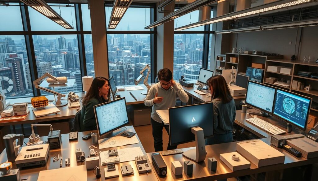 A sleek, modern industrial design studio filled with cutting-edge technology. Surrounded by a workspace of polished metal desks, prototyping tools, and a variety of sketches, blueprints, and 3D-printed models. Young, focused Japanese designers in casual attire collaborate intently, evaluating concepts on high-resolution displays under the warm glow of recessed lighting. The atmosphere is dynamic, with a palpable energy as they refine their latest innovative designs. Floor-to-ceiling windows offer a panoramic view of a bustling urban cityscape, complementing the industrial aesthetic.
