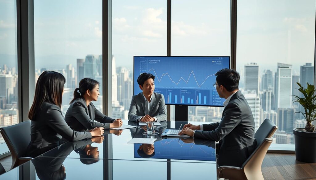A sleek, modern office interior with large windows overlooking a bustling city skyline. In the foreground, a team of young, professional-looking Japanese fund managers in business attire sit around a polished conference table, deep in discussion. Soft, natural lighting illuminates their focused expressions as they review financial data projected on a large screen behind them. The mood is one of serious deliberation, reflecting the complex system and high-stakes decisions involved in fund management. The scene conveys the level of expertise, attention to detail, and teamwork required to navigate the intricate world of investment funds and achieve optimal returns.