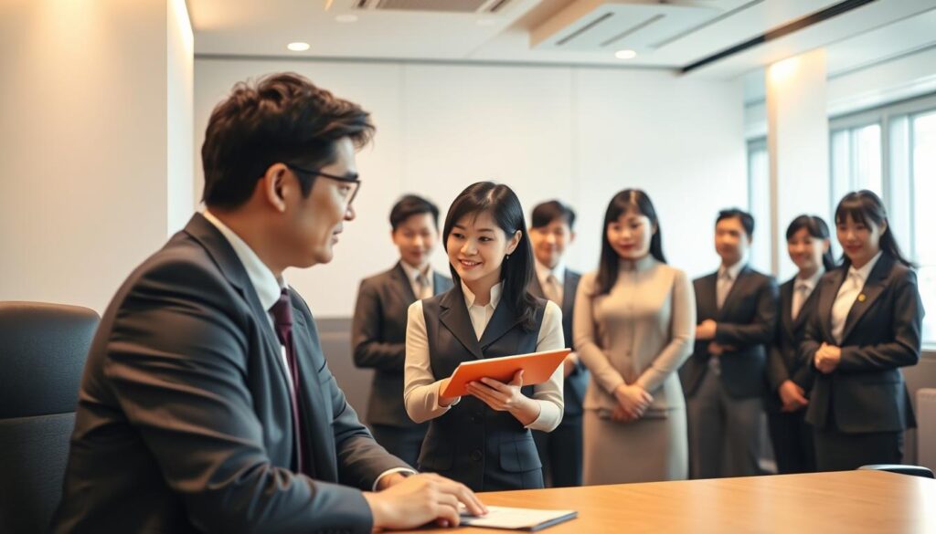 A sleek, modern office setting with a group of young, professional-looking Japanese individuals engaged in various stages of the recruitment process for a flight attendant role. Soft, directional lighting illuminates the scene, creating a warm and inviting atmosphere. In the foreground, a recruiter conducts an in-depth interview with a candidate, their expressions and body language conveying the seriousness of the exchange. In the middle ground, another candidate undergoes a skills assessment, demonstrating their customer service prowess. In the background, several other candidates await their turn, anticipation and determination etched on their faces. The overall scene captures the rigor and gravity of the flight attendant selection process.