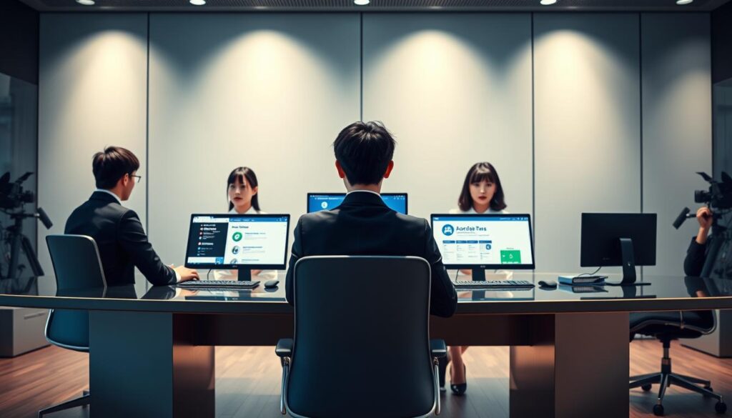 A sleek, modern office setting with a large, curved desk showcasing five professional profiles of young, Japanese-looking individuals. The desktops feature various job search websites and hiring platforms, each with distinct logos and interfaces. Soft, directional lighting illuminates the scene, casting subtle shadows that add depth and dimensionality. The atmosphere is one of efficiency, professionalism, and a sense of opportunity, reflecting the comparative analysis of top job search sites. The models have a polished, realistic appearance, conveying the seriousness and importance of the task at hand.