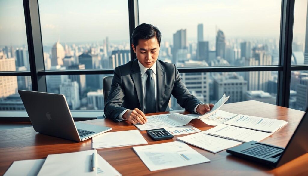 A sleek, modern office setting with a large, wooden executive desk in the foreground. On the desk, a neatly organized array of documents, a laptop, and a calculator. Behind the desk, a floor-to-ceiling window overlooking a bustling city skyline. In the middle ground, a well-dressed, young Japanese executive with a serious expression, reviewing financial reports. The lighting is soft and natural, creating a professional and sophisticated atmosphere. The overall mood conveys the analytical nature of an executive producer's work and the attention to detail required for their high-level position.