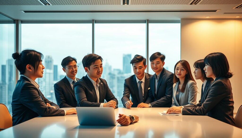 A sleek, modern office setting with a minimalist aesthetic. In the foreground, a group of young, sharply-dressed Japanese professionals - a diverse team of conceptors - gathered around a large, well-lit conference table, engaged in a collaborative discussion. The lighting is warm and indirect, casting a focused, intense atmosphere. The background features expansive windows overlooking a bustling cityscape, suggesting a sense of energy and innovation. The conceptors' expressions convey a mixture of concentration, creativity, and professionalism, reflecting the high standards and specialized skills required for this in-demand role.