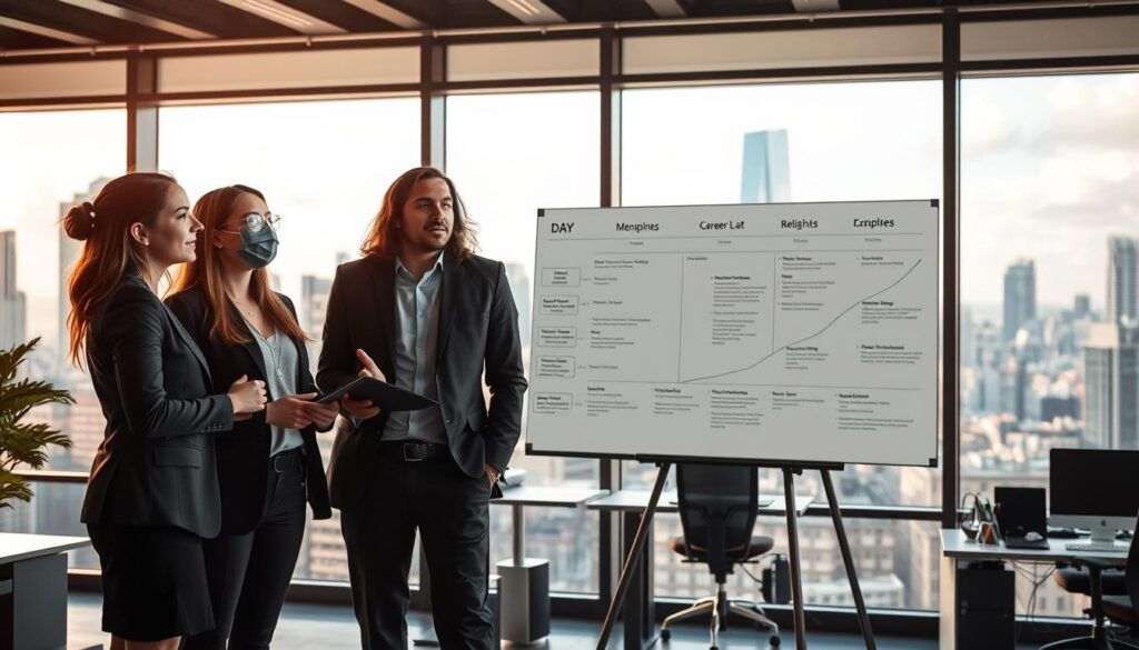 A sleek, modern office setting with floor-to-ceiling windows overlooking a bustling cityscape. In the foreground, three young professionals - a man and two women - stand together, engaged in a thoughtful discussion. Their attire is stylish yet professional, hinting at their roles as conceptual designers. The lighting is warm and natural, casting a soft glow on their faces and creating a sense of focus and intensity. In the middle ground, a large whiteboard displays a visual roadmap, outlining various career paths and milestones, while the background features additional desks and workstations, suggesting a collaborative, dynamic work environment. The overall scene conveys the pursuit of professional growth and the endless possibilities available to skilled concepteurs.