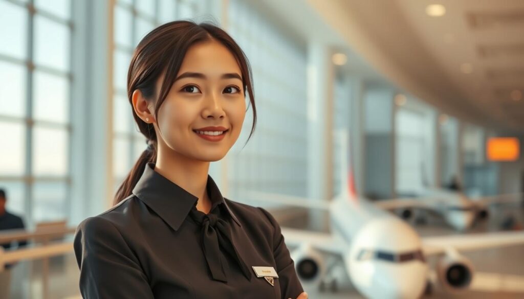 A smartly dressed cabin attendant stands in a pristine airport terminal, their crisp uniform and polished demeanor radiating professionalism. The lighting is warm and inviting, with soft shadows accentuating the attendant's youthful, Japanese-inspired features. In the background, a sleek, modern aircraft can be seen through large windows, hinting at the global reach and high-tech nature of the airline industry. The scene conveys a sense of efficiency, customer service, and the exceptional standards required for this dynamic career.