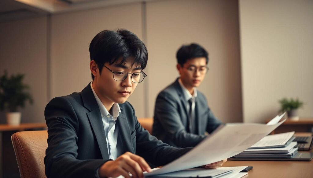 A softly lit office setting with a modern, minimalist design. In the foreground, a young Japanese-looking professional sits at a desk, meticulously reviewing documents and notes. Their expression is focused, with a slight frown of concentration. In the middle ground, a second person, also a young Japanese-looking professional, leans forward slightly, engaged in an animated discussion. The background is blurred, suggesting an atmosphere of quiet contemplation and preparation. The lighting is warm and natural, creating a sense of calm and professionalism. The overall mood conveys the importance of thorough preparation for a critical job interview.