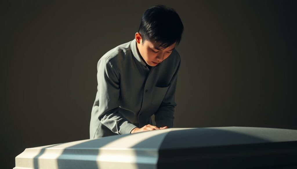 A solitary figure stands hunched over a coffin, the weight of the responsibility etched upon their features. Soft, natural lighting casts long shadows, accentuating the tension in their posture. Their expression is somber, brow furrowed, as they meticulously perform the delicate rituals of their profession. The background is muted, allowing the focal point to be the young, Japanese-looking individual bearing the heavy burden of their role as a funeral director. A sense of solemn reverence permeates the scene, conveying the emotional and physical toll this sacred duty takes on the practitioner.