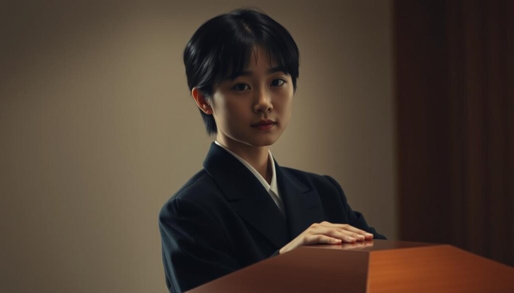 A somber scene of a young Japanese funeral director, their face cast in a soft, warm light that accentuates their serene, contemplative expression. They stand before a simple, yet elegant wooden casket, their hands resting gently on its surface, conveying a deep sense of reverence and compassion. The background is subtly blurred, focusing the viewer's attention on the funeral director's poise, empathy, and quiet determination - traits that define the ideal personality for this solemn profession. The overall atmosphere is one of quiet dignity, reflecting the gravity and importance of the funeral director's role in honoring the departed and comforting the bereaved.