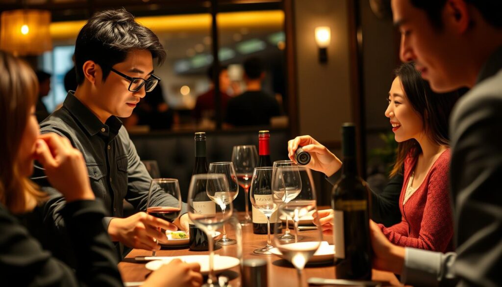 A sommelier expertly guiding a group of diners through a wine pairing at a dimly lit, upscale restaurant. The sommeliers are young, with distinct Japanese features, casually yet elegantly dressed, demonstrating the nuances of selecting the perfect wine to complement each course. The lighting is warm and inviting, creating a cozy, intimate atmosphere, with the focus on the sommeliers' hands and the bottles of wine they present. The background is blurred, keeping the attention on the sommeliers and their pairing techniques.