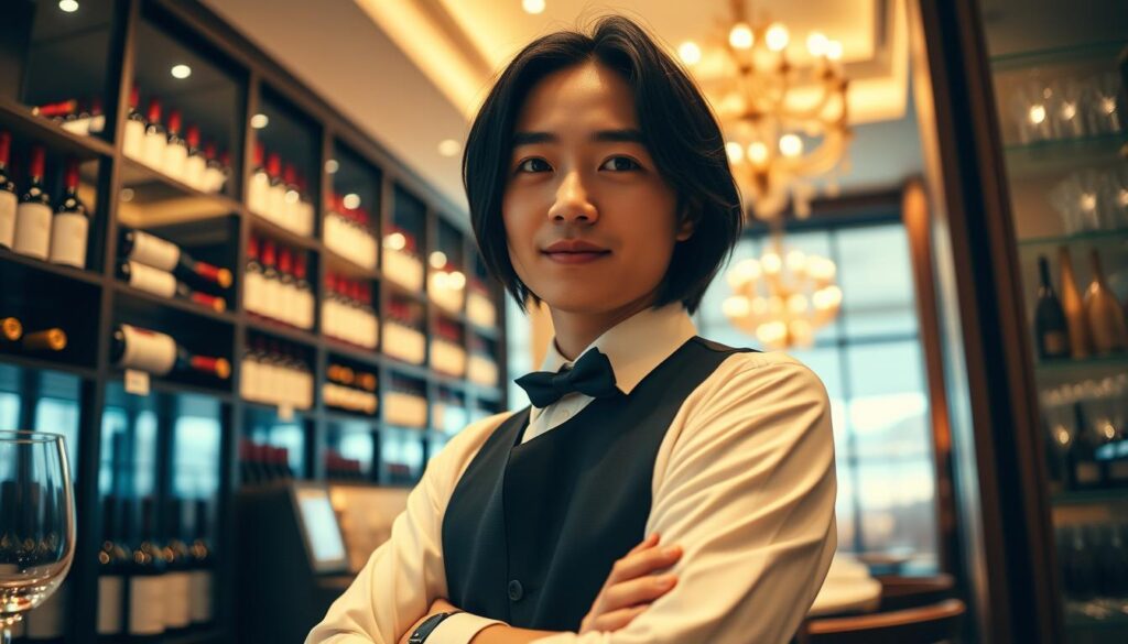 A sommelier standing in an elegant restaurant setting, surrounded by refined decor and fine wine displays. The sommelier, a young Japanese-looking individual with dark hair, exudes an air of expertise and professionalism as they guide customers through the restaurant's wine selection. The lighting is warm and inviting, casting a soft glow over the scene. The camera angle captures the sommelier from a slightly low perspective, emphasizing their confident and knowledgeable presence. The background features well-stocked wine racks, delicate glassware, and perhaps a glimpse of the restaurant's dining area, conveying the sommelier's workplace and sphere of influence.