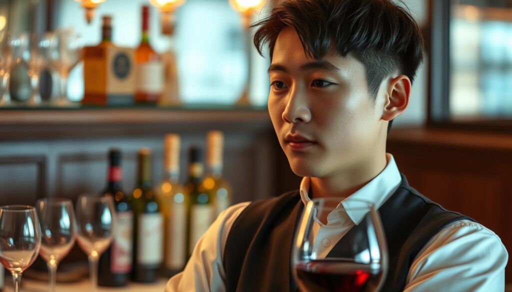 A sommelier with a refined palate and a keen eye for detail, standing in a well-appointed restaurant setting. Soft lighting casts a warm glow, highlighting the sommelier's thoughtful expression as they contemplate the intricacies of a fine wine. The background features elegant glassware, vintage bottles, and a hint of a cozy ambiance, creating an atmosphere of expertise and discernment. The sommelier's appearance reflects a young, Japanese-inspired look, with a calm and composed demeanor that exudes professionalism and a deep understanding of their craft.