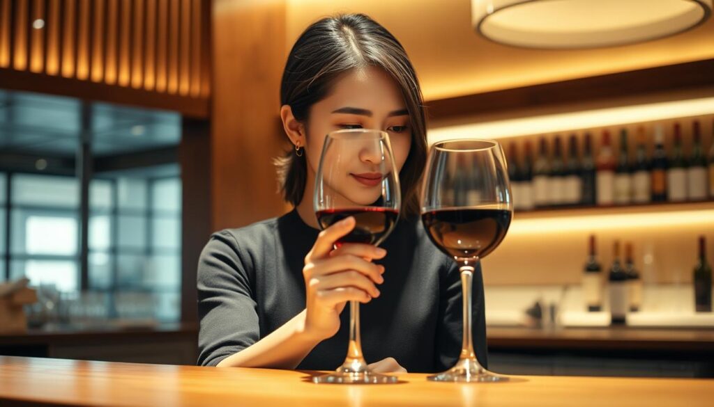 A sommeliere in a fine dining restaurant, standing behind a wooden bar counter, meticulously examining a glass of red wine, with a contemplative expression on her youthful, Japanese-inspired face. Soft, warm lighting illuminates the scene, casting gentle shadows across the elegant, minimalist interior. The background is blurred, allowing the focus to remain on the sommeliere's skilled analysis of the wine's aroma, color, and flavor profile. The overall atmosphere conveys the expertise, dedication, and attention to detail inherent in the sommeliere's profession.