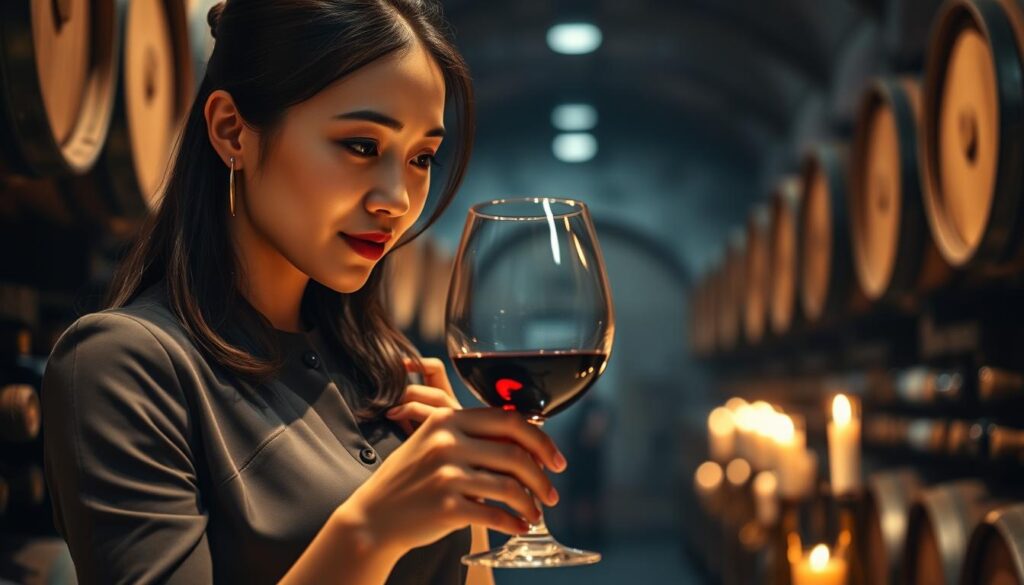 A sommelière meticulously inspects a glass of fine wine, her keen eyes and refined palate assessing its depth of color, bouquet, and balance. Elegant and poised, she stands in a dimly lit wine cellar, surrounded by rows of aged oak barrels and dusty bottles, the soft glow of candlelight illuminating her contemplative expression. Her hands gracefully swirl the wine, allowing its complex flavors to blossom as she considers its potential food pairings and the stories it might hold. This young, Japanese-featured sommelier embodies the art of wine selection, her expertise and passion shaping the dining experience for discerning patrons.