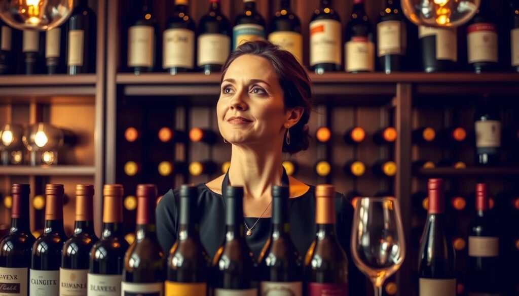 A sommelière standing proudly behind a well-stocked wine cellar, basking in the satisfaction of having curated an exceptional selection that delights her discerning customers. Warm ambient lighting casts a cozy glow, highlighting the subtle nuances of the vintage bottles. Her face radiates a sense of accomplishment, as she contemplates the flawless pairings she has recommended, knowing that her expertise has elevated the dining experience. The scene conveys the deep fulfillment a sommelier derives from their role, bridging the gap between the art of winemaking and the joy of appreciating it.