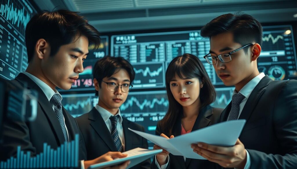 A sophisticated Japanese corporate setting, featuring a team of young, sharp-featured professionals in business attire. The scene depicts an in-depth financial analysis, with charts, graphs, and digital displays projecting data and statistics. Soft, directional lighting accentuates the focus on the detailed information, creating a contemplative, analytical atmosphere. The models' expressions convey a sense of diligence and concentration as they scrutinize the financial data. The overall composition strikes a balance between the modern, tech-driven elements and the human presence, reflecting the subject's fusion of data and professionalism.