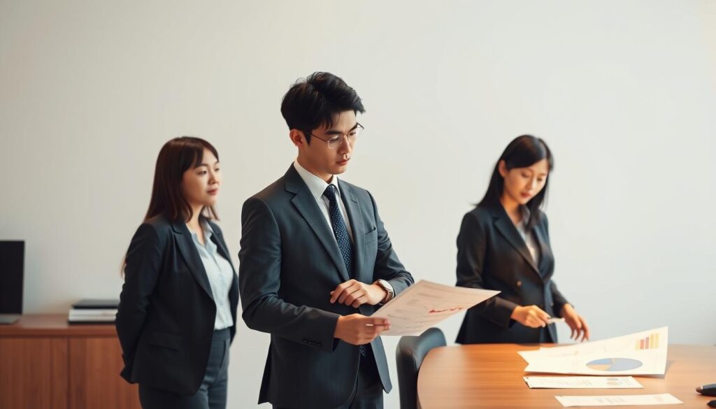 A sophisticated and data-driven visualization of the average annual income for directors in Japan. A trio of young, professional Japanese individuals, realistically depicted, stand in a well-lit, minimal office setting. Soft, directional lighting highlights their thoughtful expressions as they review financial charts and documents on their desks, conveying the analytical nature of their work. The composition emphasizes the individuals' focus and diligence, while the clean, modern environment suggests the high-level, managerial nature of a director's role. Subtle, muted tones create a sense of authority and gravitas befitting the subject matter.