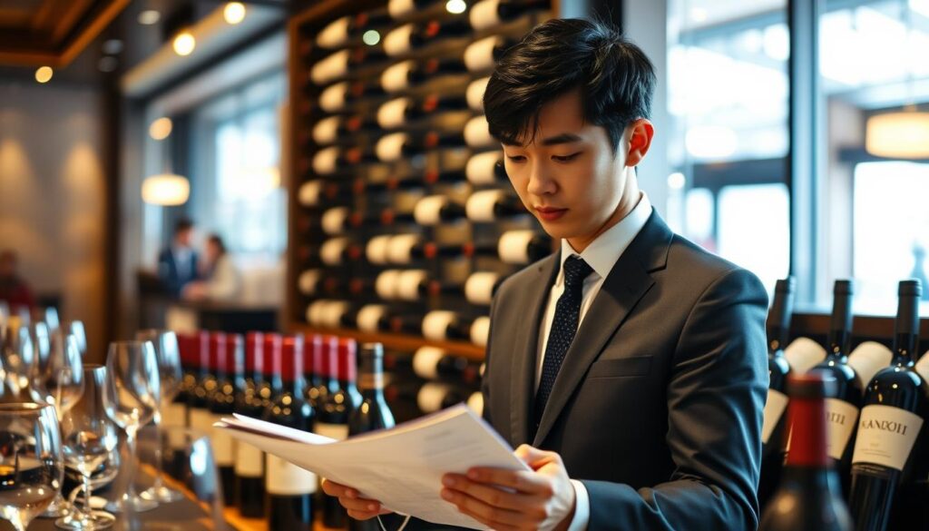 A sophisticated and elegant wine list management scene. In the foreground, a young Japanese-looking sommelier carefully curates a wine selection, meticulously arranging bottles and reviewing detailed tasting notes. The middle ground showcases a well-stocked wine cellar, with rows of expertly organized vintages and varietals. Soft, warm lighting casts a refined ambiance, while the background features a subtly blurred view of a high-end restaurant interior, hinting at the professional setting. The overall mood is one of expertise, precision, and a deep appreciation for the art of wine curation.
