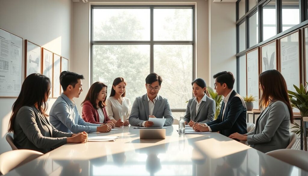 A sophisticated and minimalist interior design studio setting, showcasing a diverse team of young, Japanese-looking professionals engaged in collaborative discussions around a sleek, modern conference table. Abundant natural lighting filters in through large windows, casting a warm, focused ambiance. The walls are adorned with architectural blueprints, design sketches, and certificates highlighting the team's educational and professional credentials. An air of intellectual rigor and creative energy permeates the space, reflecting the expertise required to become a skilled spatial designer.