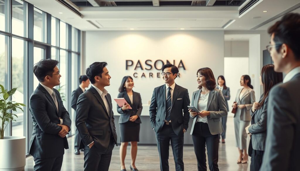 A sophisticated and modern office space filled with young, professional-looking Japanese individuals. In the foreground, a group of well-dressed men and women are engaged in animated discussion, their expressions conveying a sense of purpose and collaboration. The middle ground features a sleek, minimalist reception area with a prominent Pasona Career logo, hinting at the high-caliber job opportunities available. The background showcases floor-to-ceiling windows, allowing natural light to flood the space and create a warm, inviting atmosphere. The lighting is soft and even, capturing the refined and high-class nature of the Pasona Career service. The overall scene exudes a sense of opportunity, professionalism, and the promise of career advancement.