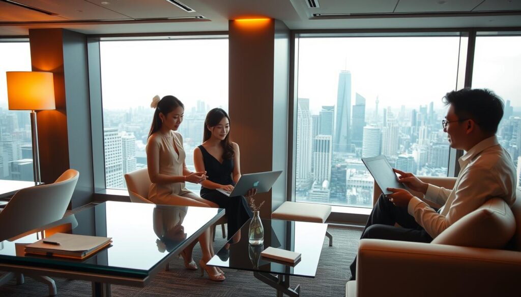 A sophisticated and modern wedding planning office, with floor-to-ceiling windows overlooking a bustling city skyline. Elegant yet functional furniture, including sleek desks and plush sofas, creates a professional yet inviting atmosphere. Three young, attractive Japanese-looking individuals, two women and one man, are engaged in discussions, reviewing wedding plans and proposals on their laptops. Warm, natural lighting from the windows, complemented by subtle accent lighting, casts a serene glow throughout the space. The overall scene conveys the high-end, specialized nature of a professional wedding planning firm.