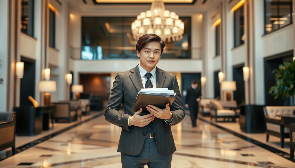 A sophisticated and well-dressed concierge standing in a luxurious hotel lobby, exuding an air of professionalism and expertise. The concierge, a young Japanese person with dark hair, is holding a stack of papers and a tablet, ready to assist guests with their requests. The lobby is filled with elegant furnishings, polished marble floors, and subdued lighting, creating a refined and welcoming atmosphere. The concierge's attentive expression and body language convey their dedication to providing exceptional customer service. The scene captures the essential qualities and skills required for the concierge role, such as attention to detail, problem-solving, and a commitment to exceeding guest expectations.