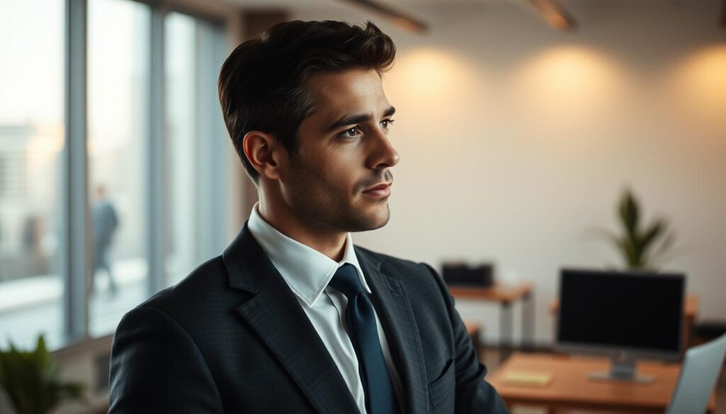 A sophisticated business professional in a tailored suit stands in a modern office, contemplating their next career move. Their expression is thoughtful, yet determined, as they navigate the nuances of a high-stakes job search. The scene is bathed in a warm, soft light, creating a sense of focus and introspection. In the background, a clean, minimalist workspace suggests the need for meticulous planning and attention to detail during this pivotal transition. The overall mood conveys the gravity of the situation, but also the confidence and resilience of the individual as they strive for their professional goals.